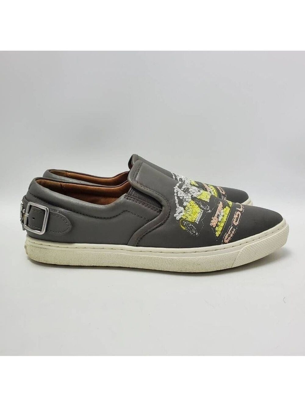 Coach Slip On Shoe C103 Sequin Studded Buckle Gray Sneakers Pointy Toe Sz 6.5 B